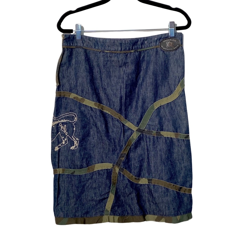 Vintage Parasuco Denim Skirt Camouflage Embroidered Animal Y2K Streetwear Size 6 - Picture 2 of 12